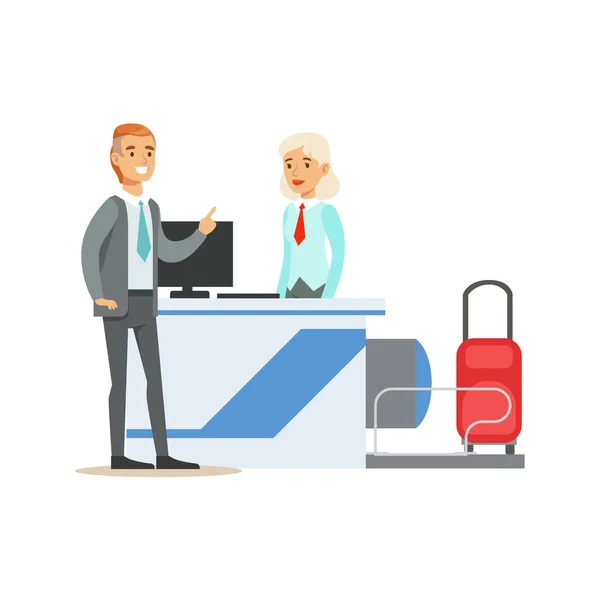 Man Checking In For A Flight At Registration Counter, Part Of Airport And Air Travel Related Scenes Series Of Vector Illustrations (dalam bahasa Inggris). - Stok Vektor