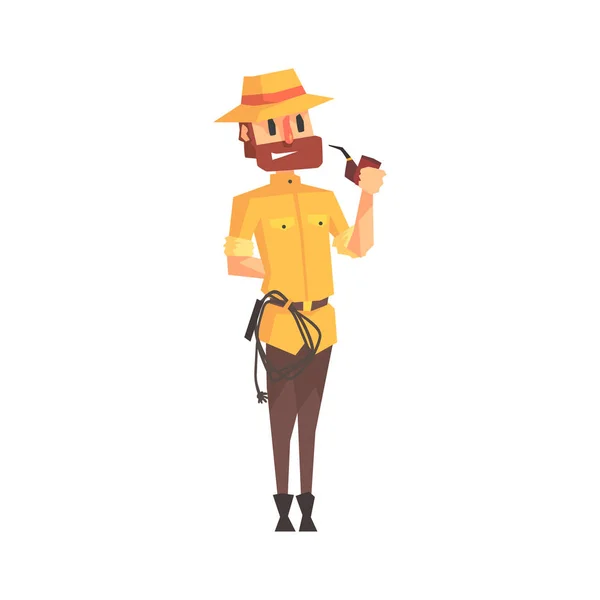 Avonturier archeoloog In Safari Outfit en hoed roken Pipe illustratie uit grappige Archeologie wetenschapper serie — Stockvector