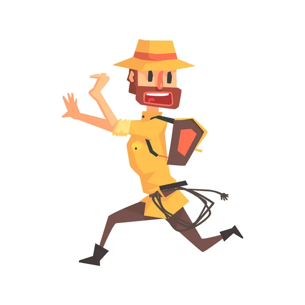 Adventurer Archeologist In Safari Outfit And Hat Running Away Illustration From Funny Archeology Scientist Series — Stock Vector