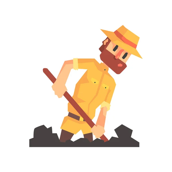 Arqueólogo aventurero en traje de safari y sombrero cavando la ilustración de tierra de la serie científica de arqueología divertida — Vector de stock