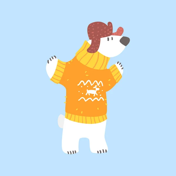 Polar White Bear In Sweater And Cap With Ear Flaps, Arctic Animal Dressed In Winter Human Clothes Cartoon Character — Stock Vector