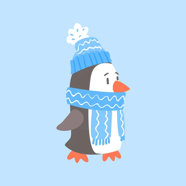 Pingüino En Bufanda Azul Y Sombrero, Animal Ártico Vestido En Invierno Personaje De Dibujos Animados De Ropa Humana — Archivo Imágenes Vectoriales