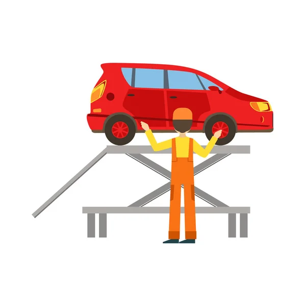 Sorrindo mecânico verificando o veículo na garagem, reparação de automóveis Oficina Serviço Ilustração — Vetor de Stock