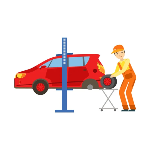 Smiling Mechanic Changing A Tire In The Garage, Car Repair Workshop Service Illustration — Stock Vector