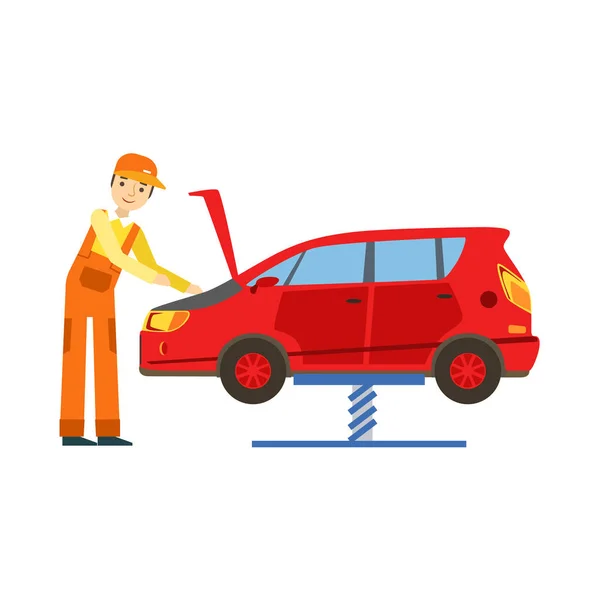 Uśmiechnięty, mechanik ogląda silnika w garażu, samochód naprawy warsztat serwis ilustracja — Wektor stockowy