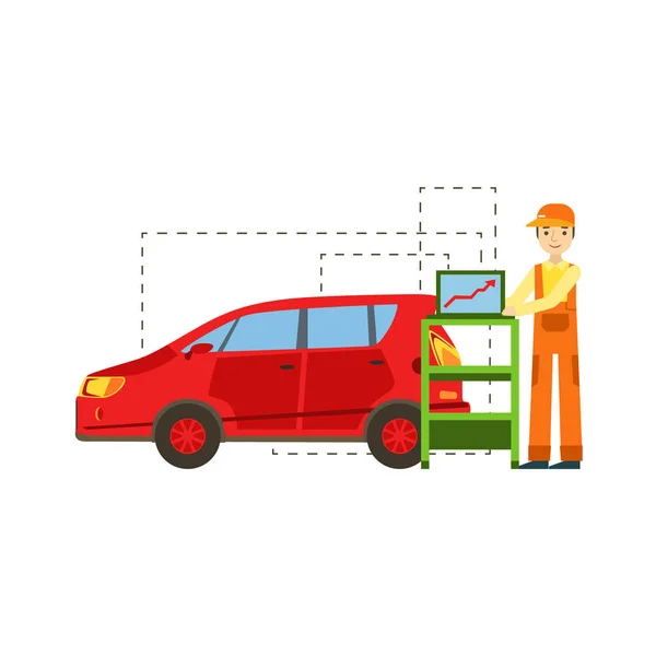 Smiling Mechanic Running Computer Diagnostics In The Garage, Car Repair Workshop Service Illustration — Stock Vector