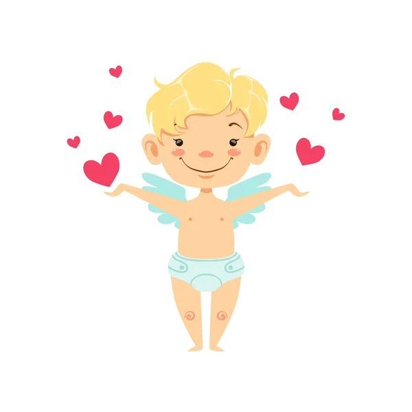 Menino bebê cupido cercado com corações, criança alada na fralda adorável símbolo do amor personagem dos desenhos animados — Vetor de Stock