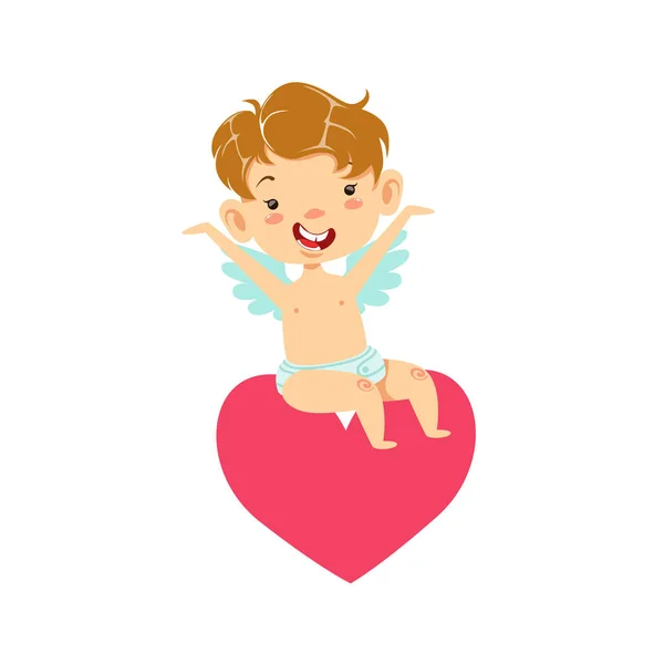 Boy Baby Cupid Sitting On Heart, Winged Toddler In Diaper Adorable Love Symbol Cartoon Character — Stock Vector