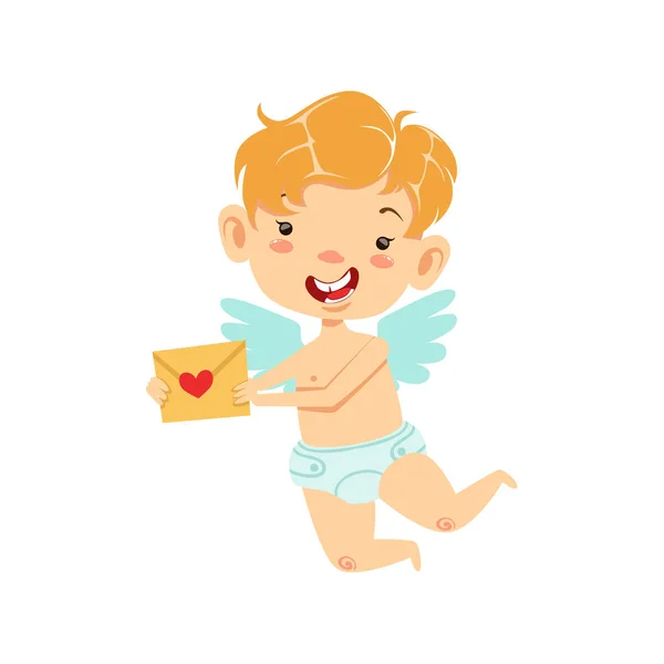 Jongen Baby Cupid leveren liefdesbrief, gevleugelde peuter In luier schattig liefde symbool stripfiguur — Stockvector