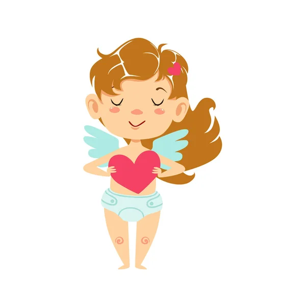 Kupid dziecko dziewczynka gospodarstwa serca, skrzydlaty malucha w pieluchy urocza miłości Symbol postać z kreskówki — Wektor stockowy