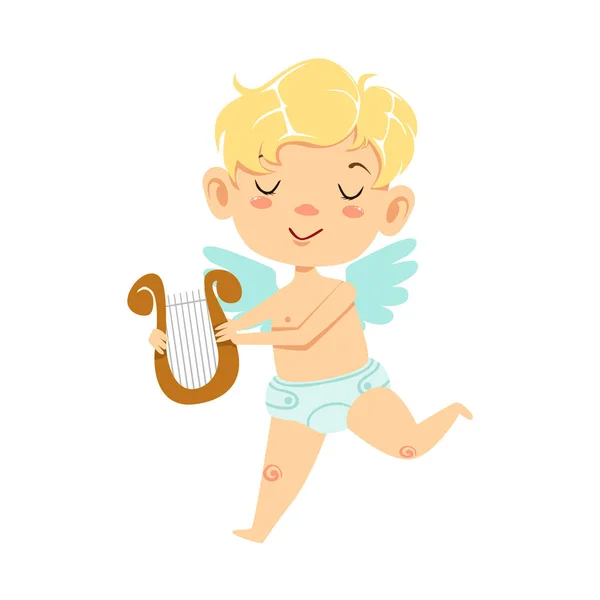 Jongen Baby Cupido met lire, gevleugelde peuter In luier schattig liefde symbool stripfiguur — Stockvector