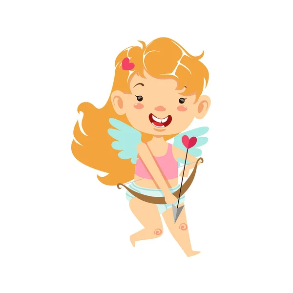 Chica bebé Cupido con arco y flecha, niño alado en pañal Adorable símbolo de amor Personaje de dibujos animados — Vector de stock
