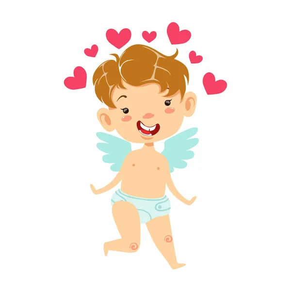 Boy Baby Cupid With Many Pink Hearts, Winged Toddler In Diaper Adorable Love Symbol Cartoon Character — Stock Vector