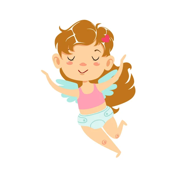 Girl Baby Cupid Flying, Winged Toddler In Diaper Adorable Love Symbol Cartoon Character — Stock Vector
