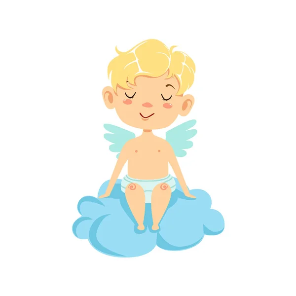 Rustige jongen Baby Cupido op wolk, gevleugelde peuter In luier schattig liefde symbool stripfiguur — Stockvector