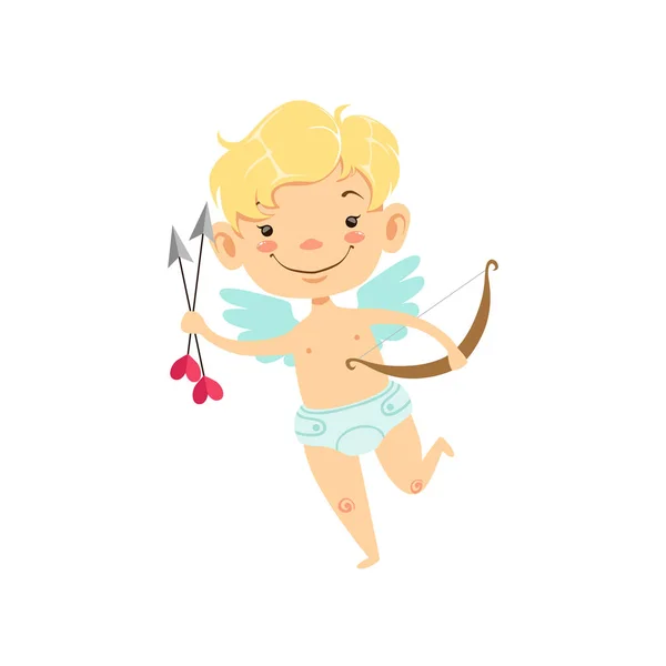 Boy Baby Amor šípy a lukem, okřídlený batole v plenka rozkošný Love Symbol kreslená postavička — Stockový vektor