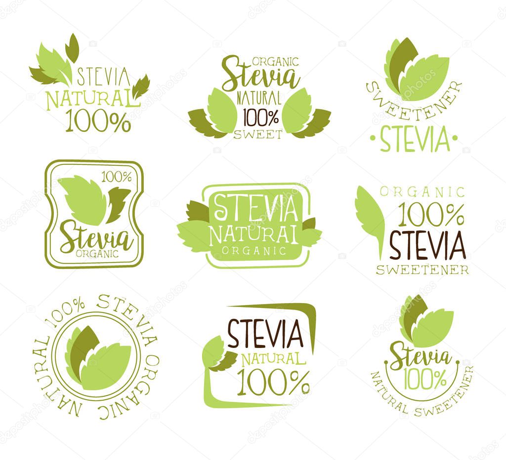 Stevia Natural Food Sweetener Additive And Sugar Substitute Set Of Green Color Logo Design Templates With Plant Leaves