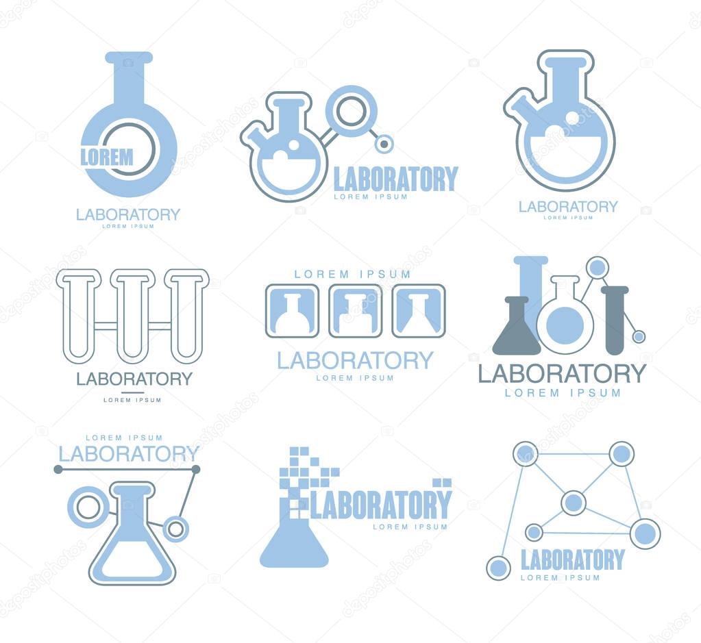 Chemical Laboratory Facility Logo Graphic Design Templates Set In Light Blue Color With Test Tubes Silhouettes