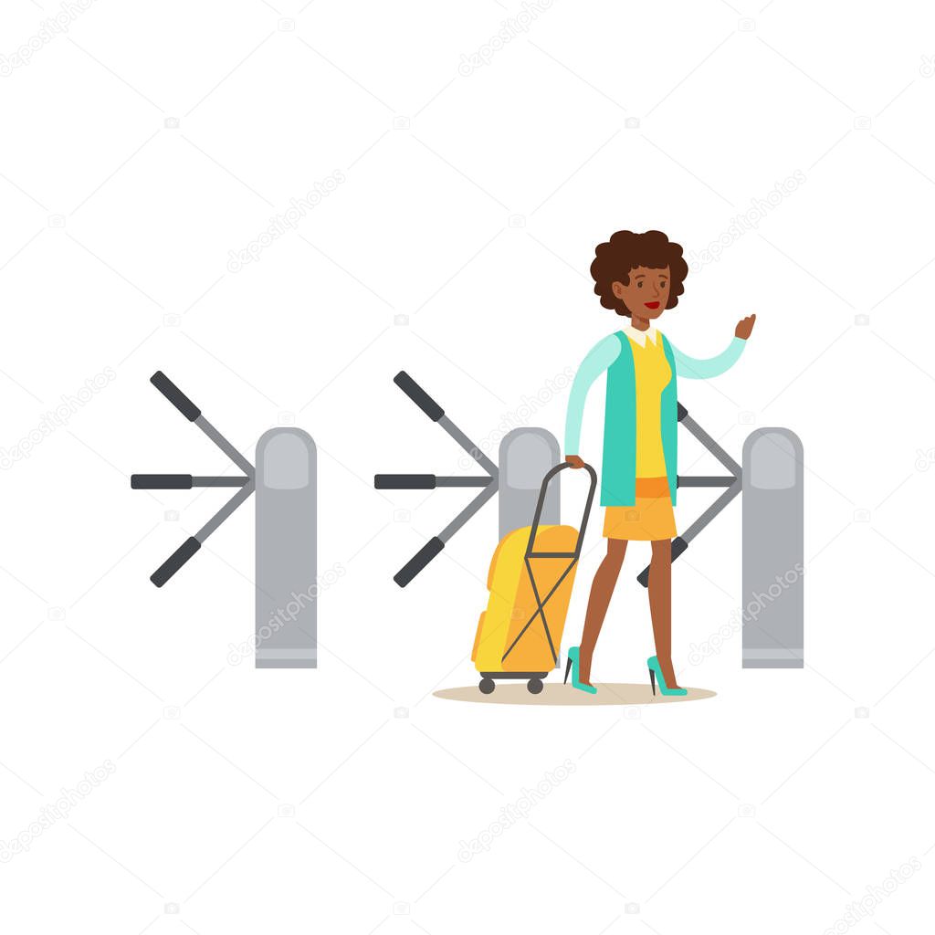 Woman Passing Turnstile With Suitcase, Part Of Airport And Air Travel Related Scenes Series Of Vector Illustrations