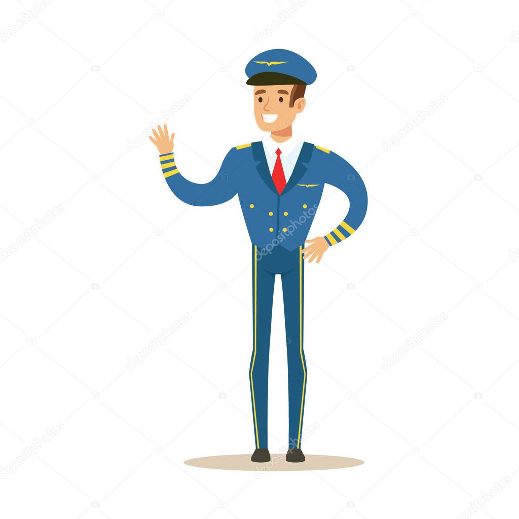 Commercial Airlines Pilot In Uniform, Part Of Airport And Air Travel Related Scenes Series Of Vector Illustrations