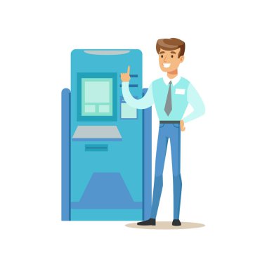 ATM Para Çekme makinesi yanında duran banka Danışmanı. Banka Servisi, hesap yönetimi ve Mali ‹fller temalı vektör çizim