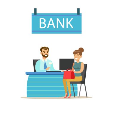 Banka yöneticisi masasının ve istemci. Banka Servisi, hesap yönetimi ve Mali ‹fller temalı vektör çizim