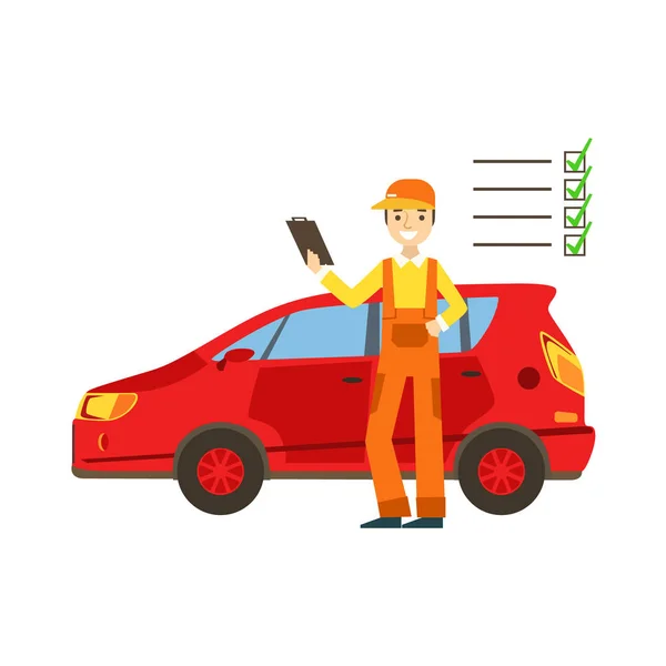 Analisi meccanica sorridente con la lista di controllo nel garage, illustrazione di servizio dell'officina di riparazione dell'automobile — Vettoriale Stock