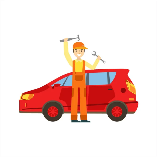 微笑与扳手和锤子在车库里的机修工，汽车修理车间服务图 — 图库矢量图片