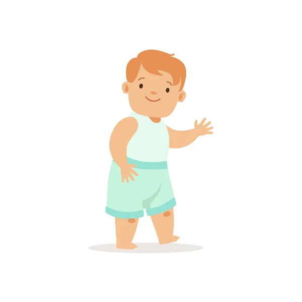 Pelirroja niño caminando,, adorable sonriente personaje de dibujos animados bebé cada día situación — Vector de stock