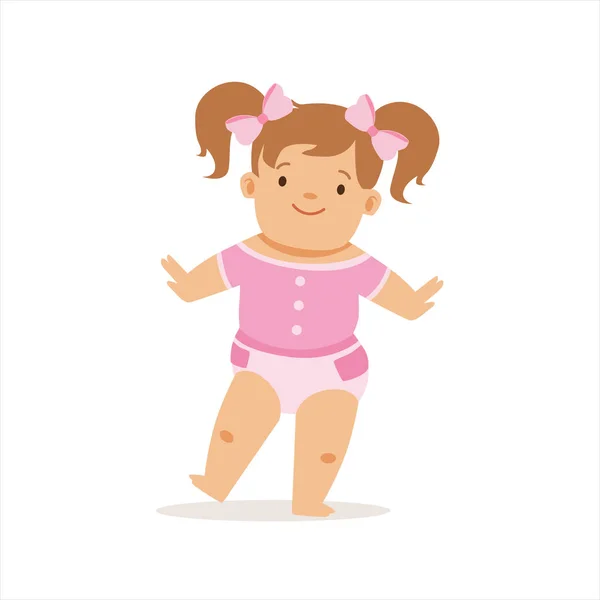 Girl With Ponytails Making First Steps, Adorable Smiling Baby Cartoon Character Every Day Situation — Stock Vector