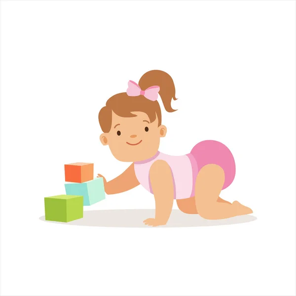 Fille en couches jouant avec des blocs, Adorable sourire personnage de bande dessinée bébé chaque jour situation — Image vectorielle