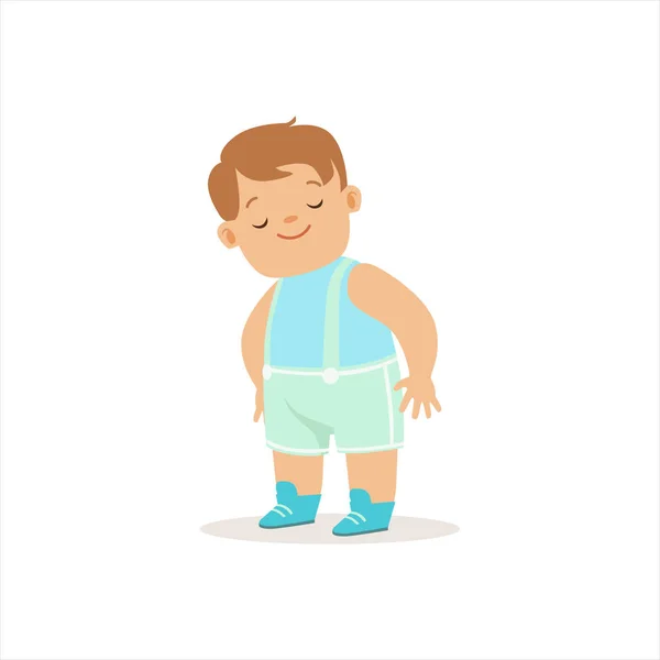 Schläfriger Junge in blau stehend, entzückend lächelnd Baby-Cartoon-Figur jeden Tag Situation — Stockvektor