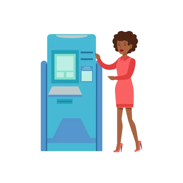 Mujer de pie junto a cajero automático. Servicio bancario, gestión de cuentas y asuntos financieros Ilustración vectorial temática — Vector de stock