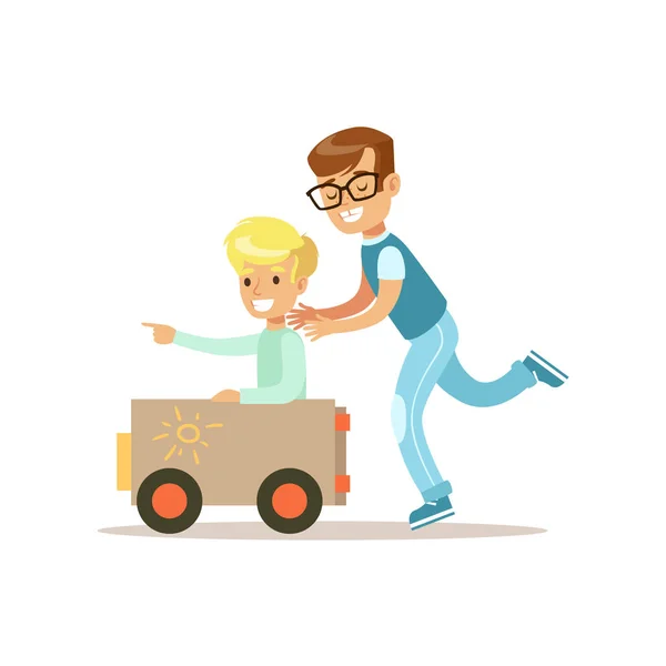 Boy And His Dad Playing Toy Car, Traditional Male Kid Role Expected Classic Behavior Illustration — Stock Vector