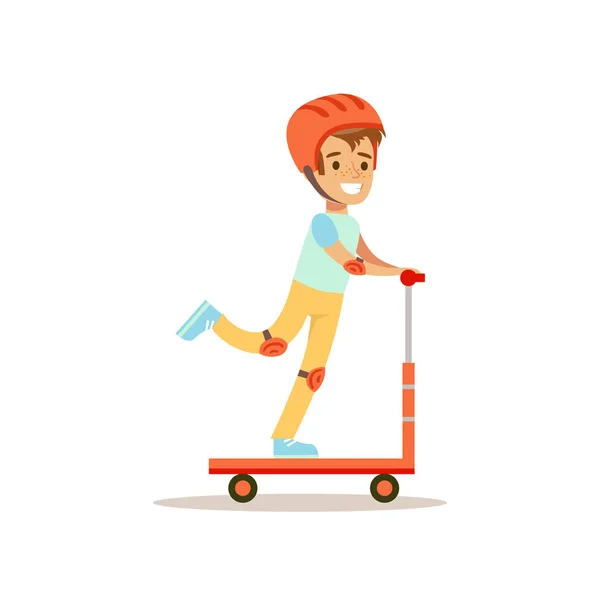 Garçon dans le scooter d'équitation de casque, rôle masculin traditionnel d'enfant Illustration de comportement classique attendue — Image vectorielle
