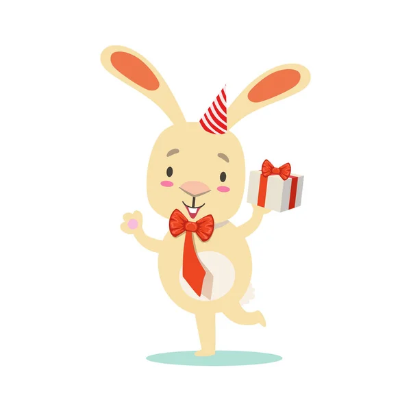 Kleine mädchenhafte niedliche weiße Haustier Hase mit Geburtstagsgeschenk trägt Partyhut, Cartoonfigur Lebenssituation Illustration — Stockvektor