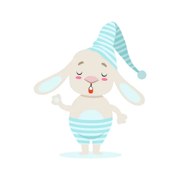 Kleine mädchenhafte niedliche weiße Haustier Hase in gestreiften blauen Nachthut, Zeichentrickfigur Lebenssituation Illustration — Stockvektor