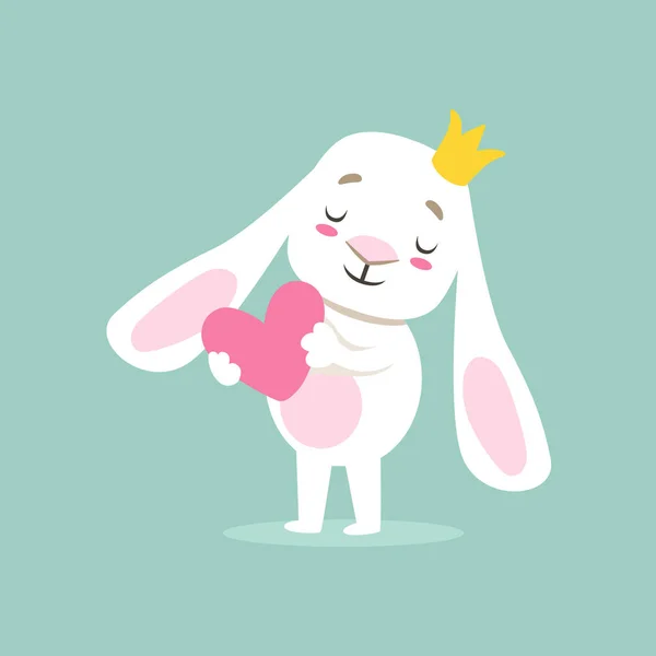 Pequena menina bonito branco animal de estimação coelho na princesa coroa segurando um coração rosa, Cartoon Character Life Situação Ilustração — Vetor de Stock