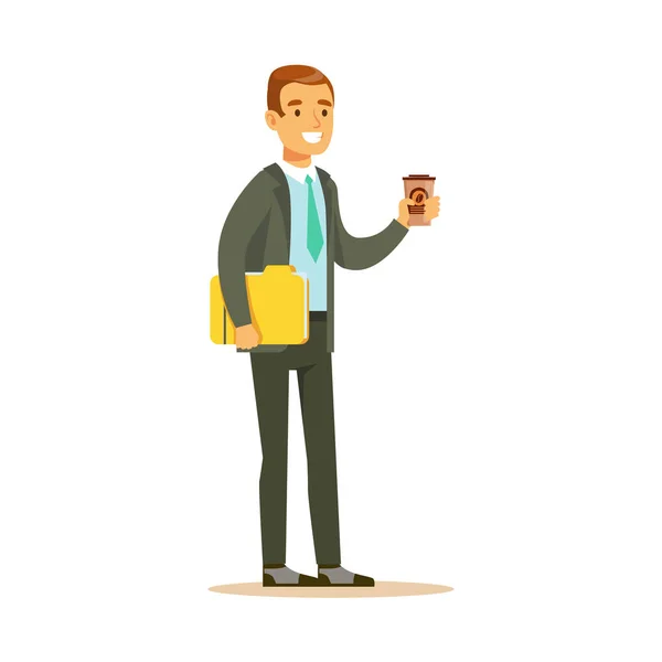Businessman With Coffee And Papers, Business Office Employee In Official Dress Code Clothing Busy At Work Smiling Cartoon Characters - Stok Vektor