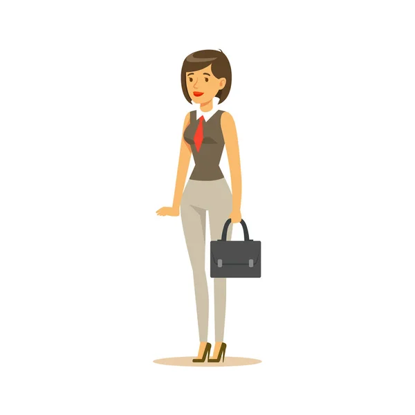 Femeie de afaceri cu valiză, angajat al biroului de afaceri în codul oficial de îmbrăcăminte ocupat la locul de muncă zâmbind caractere de desene animate — Vector de stoc