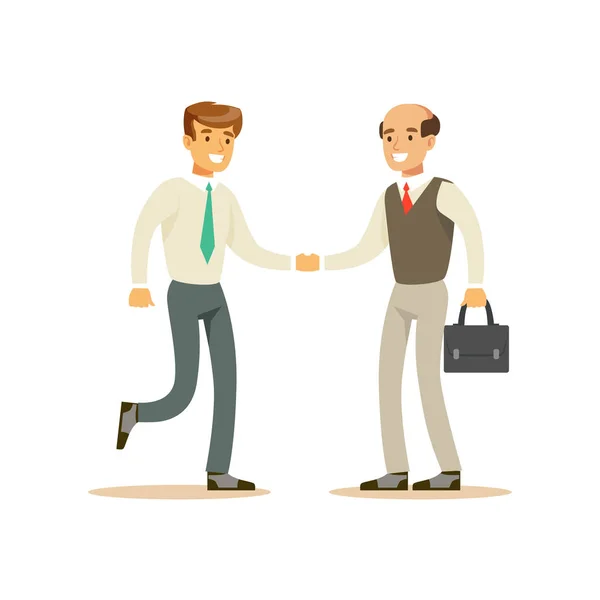 Koledzy, drżenie rąk, pracownik urzędu firm w odzież oficjalny strój zajęty w pracy uśmiechający się postaci z kreskówek — Wektor stockowy