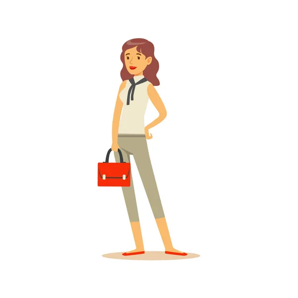 ハンドバッグ、ビジネス オフィスの従業員の公式ドレスコード服仕事漫画のキャラクターを笑顔で忙しい実業家 — ストックベクタ