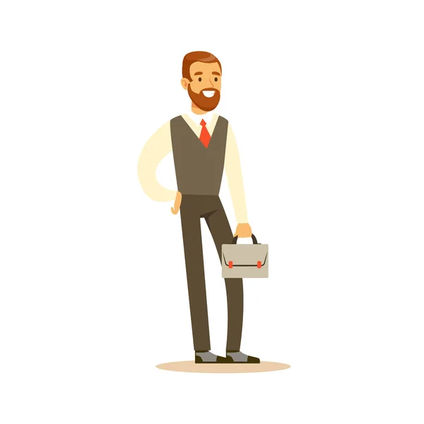 (Inggris) Beardy Businessman With Suitcase, Business Office Employee (Inggris) In Official Dress Code Clothing Busy At Work Smiling Cartoon Characters - Stok Vektor