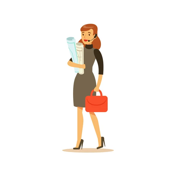 Donna d'affari con auricolare, Impiegato ufficio affari in abito ufficiale Codice Abbigliamento occupato sul lavoro Personaggi dei cartoni animati sorridenti — Vettoriale Stock
