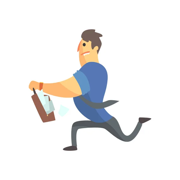 Businessman Top Manager In A Short Sleeve Shirt Running With Suitcase Full Of Papers, Office Job Situation Illustration - Stok Vektor