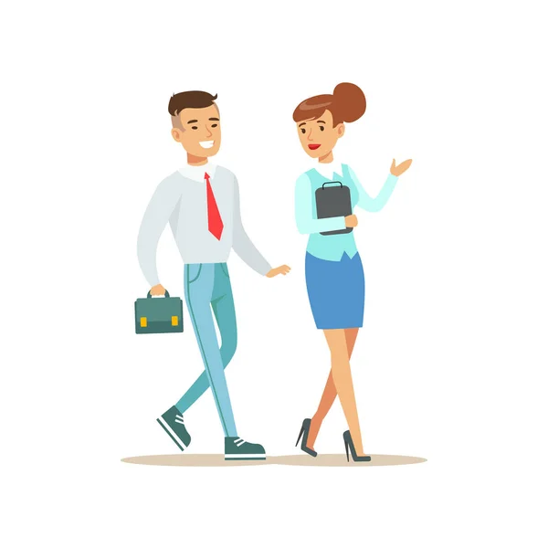 Colleagues Walking And Talking. Bank Service, Account Management And Financial Affairs Themed Vector Illustration — Stock Vector
