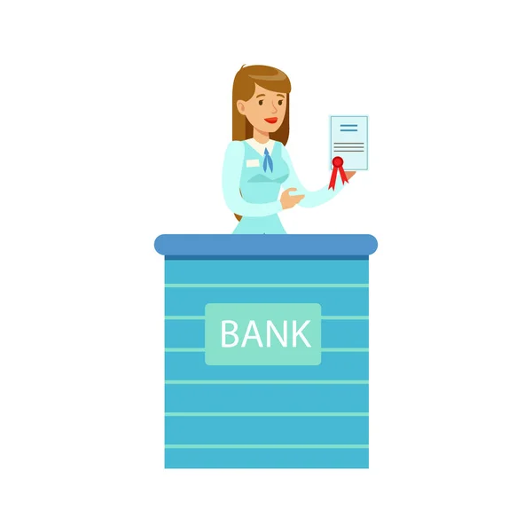 Empleada del Banco de Mujeres con Documento Oficial. Servicio bancario, gestión de cuentas y asuntos financieros Ilustración vectorial temática — Vector de stock