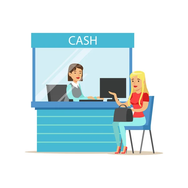 Woman Withdrawing Cash At Bank Cashier. Bank Service, Account Management And Financial Affairs Themed Vector Illustration — Stock Vector