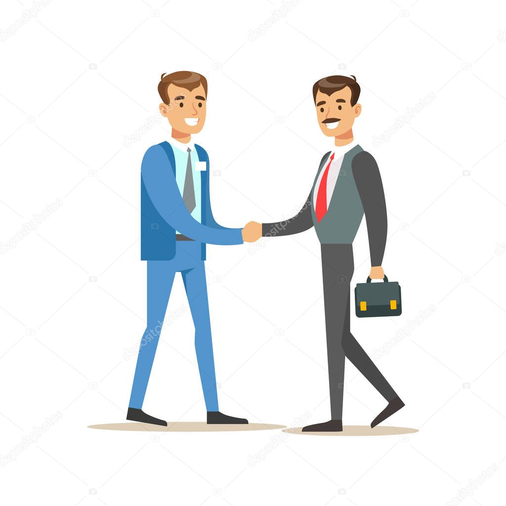 Bank Manager Meeting Handshaking With Important Client. Bank Service, Account Management And Financial Affairs Themed Vector Illustration