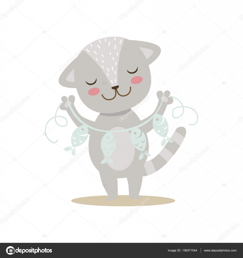 Grey Little Girly Cute Kitten With Paper Garland On String Grey Little Girly Cute Kitten With Paper Garland On String
